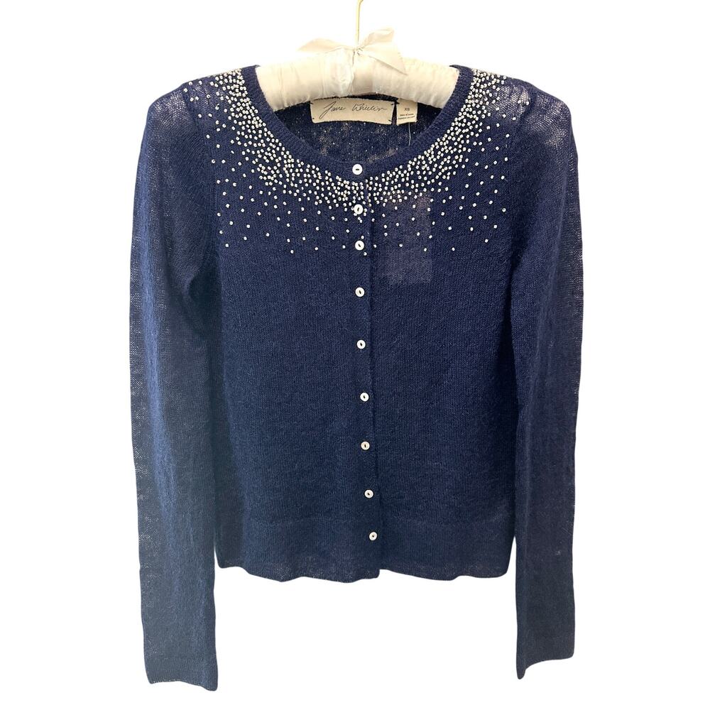 ANTHROPOLOGIE | Navy Blue Beaded Cardigan Sweater Mohair Wool NWT | XS